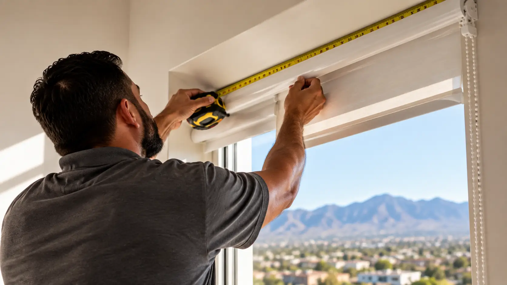 Technician inspecting window treatments for cleaning and repair